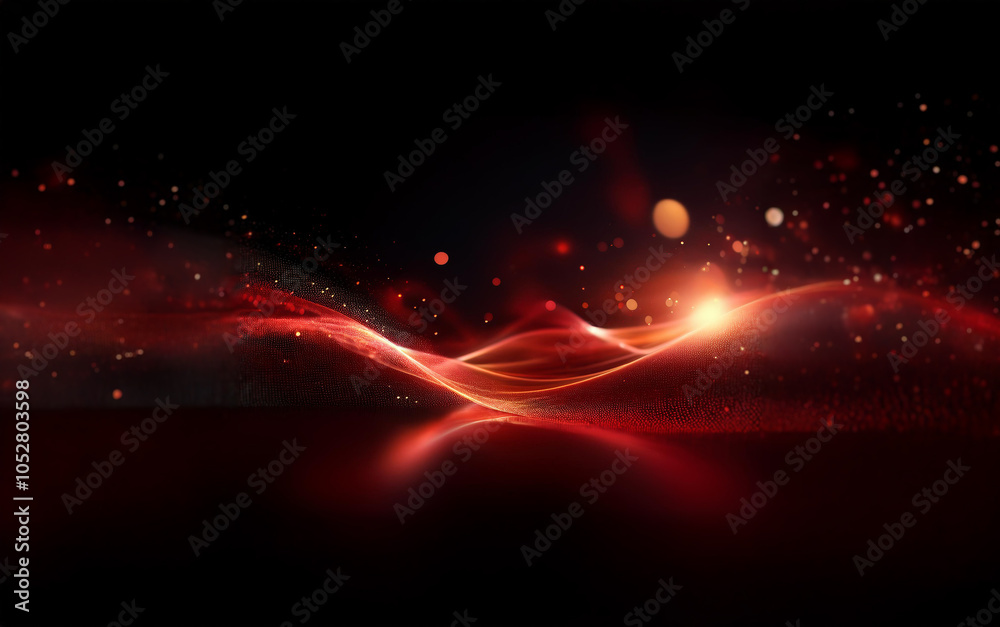 Poster A glowing red wave with a reflection in a dark background with red sparkles and light orbs.