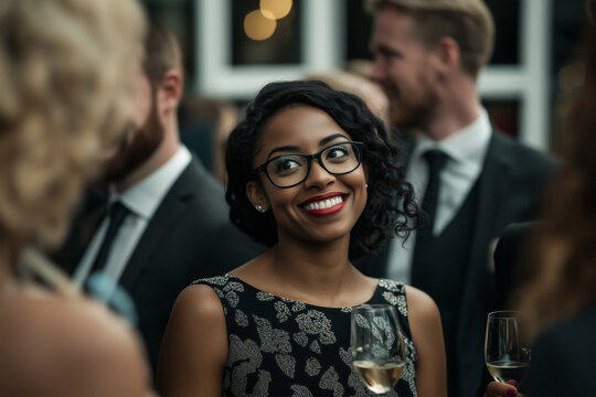 Smiling woman engaging in conversation at formal event