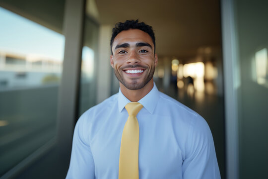 Confident african descendant businessman smiling in office environment