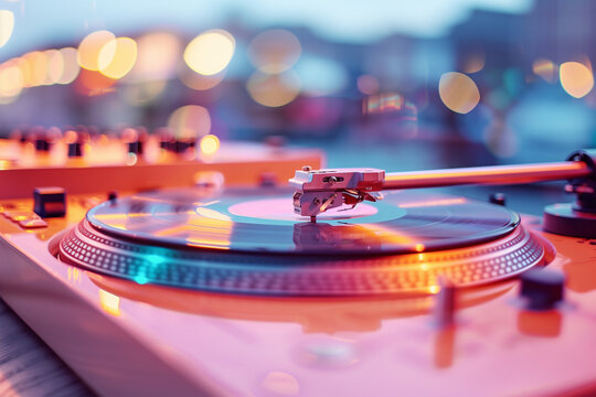 Close-up of a turntable at a vibrant evening party
