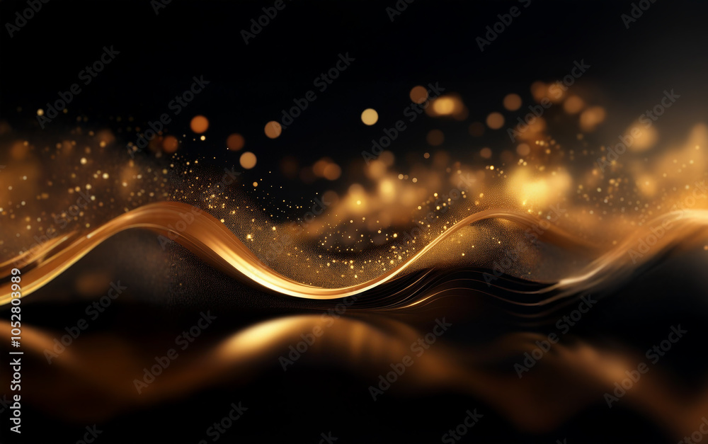 Poster abstract image of a flowing gold wave, glistening with sparkling particles, against a black backgrou