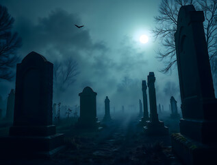 Mysterious foggy graveyard under a full moon