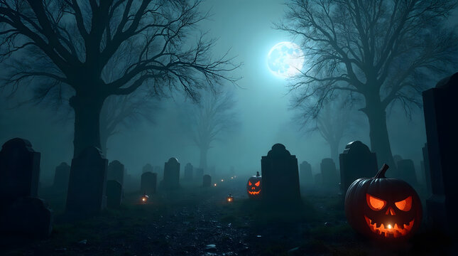 Misty Halloween cemetery with glowing pumpkins under moonlight