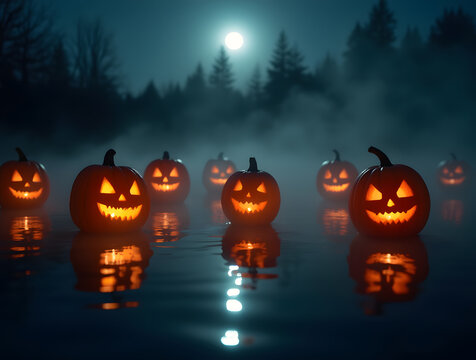Moonlit Halloween pumpkins on a misty lake setting