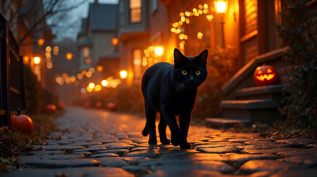 Black cat prowling on a cobblestone path with Halloween decor