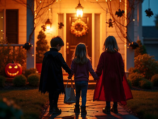 Kids in costumes trick-or-treating at dusk