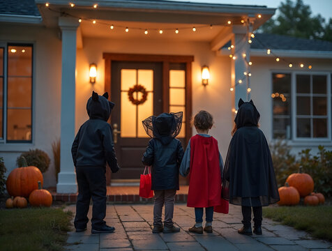 Children in costumes trick or treating at a decorated house