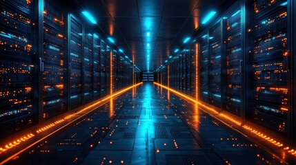 Fototapeta premium Futuristic server room with illuminated pathways and technology.