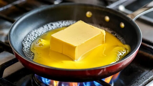 A block of butter melting in a frying pan over a blue flame on a stovetop.