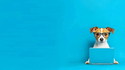 It shows a dog with glasses and a plain background sitting in front of a laptop