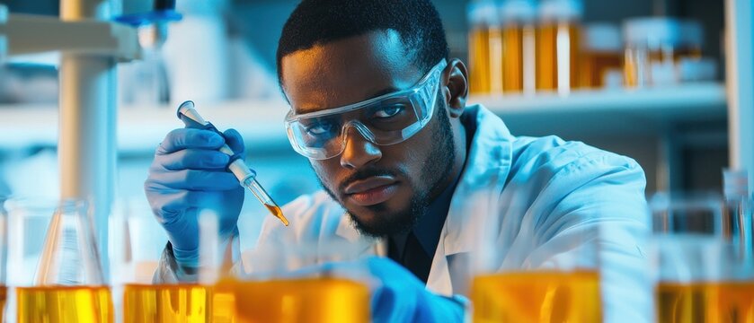 Scientist analyzing samples with test tubes in a laboratory setting.