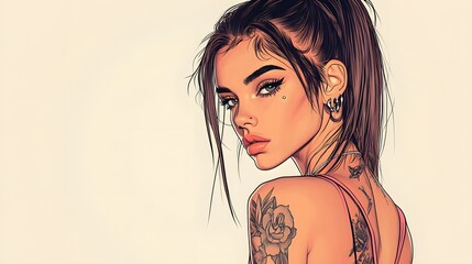 This illustration showcases a young woman adorned with detailed tattoos, exuding confidence and individuality. 
