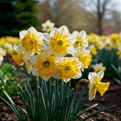 Obraz premium Cluster of yellow-white daffodils basking in the bright sunshine.