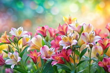 Fototapeta premium Panoramic enchantment in Alstroemeria garden with pastel background
