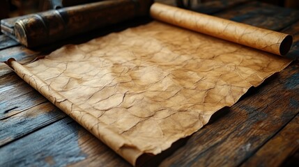 An aged parchment scroll resting on a wooden surface.