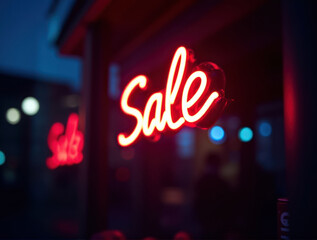 Glowing Neon SALE Sign in Supermarket Bright Red Light Illuminating Shopping Aisles at Night