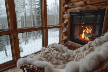 A cozy cabin with a fireplace and a white blanket draped over a chair