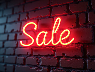 Glowing Neon SALE Sign in Supermarket Bright Red Light Illuminating Shopping Aisles at Night
