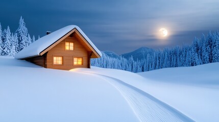 Fototapeta premium Cozy cabin nestled in a snowy landscape under a full moon, AI