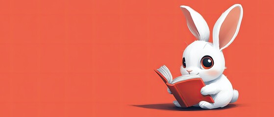 Obraz premium Cute white rabbit sitting on red background reading a red book.