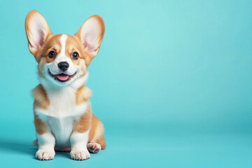 Small dog sitting on blue background with tilted head, looking curiously at a butterfly fluttering nearby.