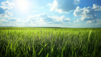 Obraz premium A serene landscape of vibrant green grass stretches under a clear blue sky filled with fluffy clouds, inviting tranquility and a sense of connection to nature.