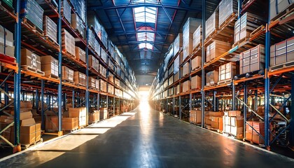 Fototapeta premium A vast, industrial warehouse filled with towering shelves stacked with neatly organized boxes