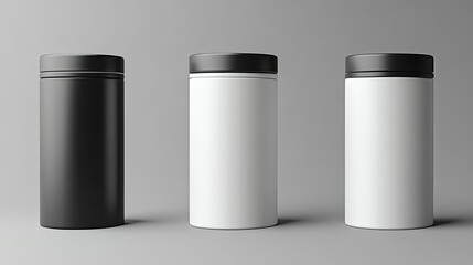 Three cylindrical containers with black lids, one black, one white, and one gray, on a light gray background.