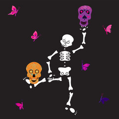 Cute skeleton dancing with sugar skull and pink butterfly. Vector illustration on black background.