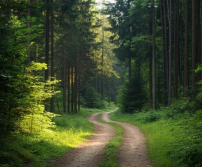 Obraz premium A peaceful and winding trail meanders through a vibrant green forest, illuminated by soft sunlight filtering through lush foliage, inviting a sense of calm and exploration.