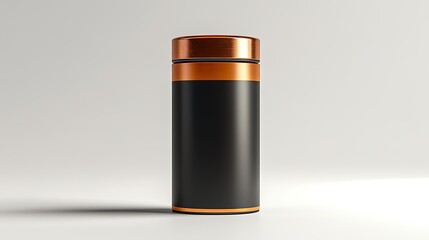 Fototapeta premium A black and copper cylindrical bottle with a blank label on a white background.
