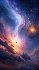 Naklejka premium sunset in the sky. sky, space, clouds, star, night, sunset, cloud, nebula, galaxy, sun, light, abstract, nature, blue, sunrise, universe, moon, astronomy, stars, dark, planet, orange, bright, cosmos, 