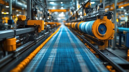 Industrial textile production line with blue fabric spools.