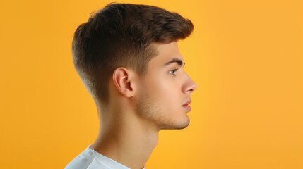 Fototapeta premium Young man in a stylish shirt poses confidently against a bright yellow background, perfect for a fresh look.