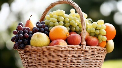 A vibrant fruit basket containing apples, grapes, oranges, pears and more, capturing the freshness and variety of nature's bounty in a woven basket setting.