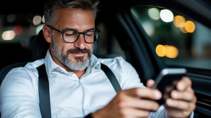 A businessman seated in a car focusing intently on his smartphone, representing connectivity, technology, and modern business communication and multitasking.