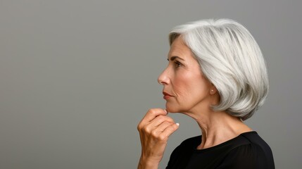 A graceful silhouette of an elderly lady inspecting her nails, showcasing her timeless beauty and elegance in a tender moment.