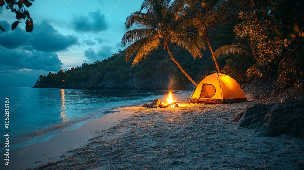 Aufkleber a serene beach camping experience at dusk features a warm glowing tent and a crackling fire beside g