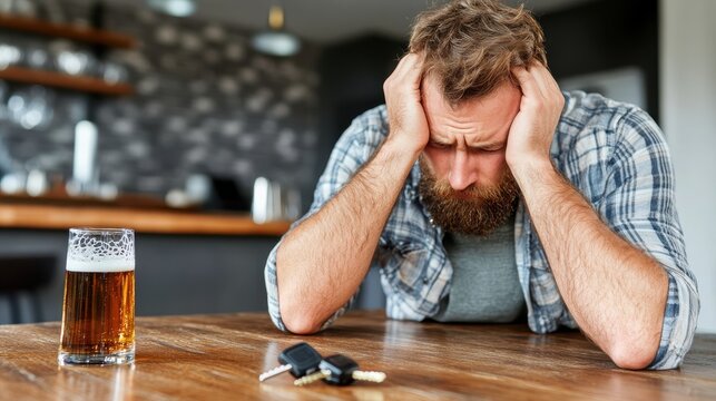 A bearded man appears stressed at a table, with a glass of beer and keys, possibly indicating a reluctance to drive in a warm, cozy room setting. - Powered by Adobe