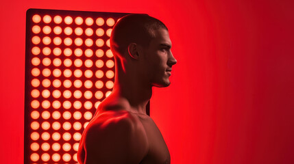 An athletic senior man stands proud in front of a glowing red light therapy panel, showcasing health and vitality in his space.