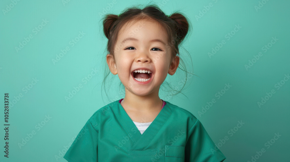 Poster Cheerful girl in green nurse outfit, bright pastel backdrop, laughter fills the air, capturing pure joy and innocence.