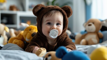 An adorable baby dressed in a brown bear costume with a pacifier lies amidst plush toys in a cozy nursery, emanating innocence and warmth.