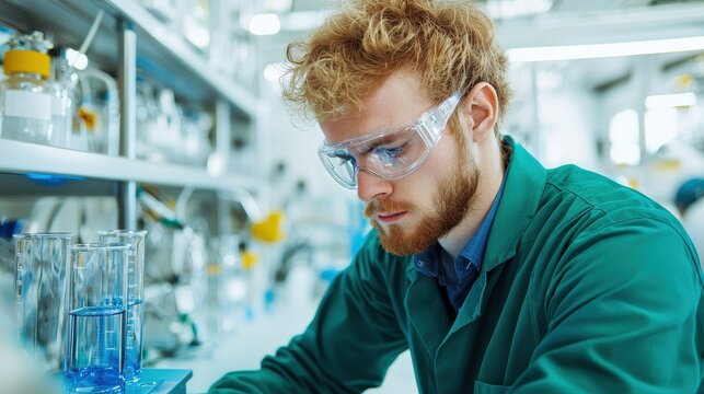 A focused scientist in a lab analyzes samples while wearing protective goggles and a green lab coat, surrounded by various beakers and equipment.