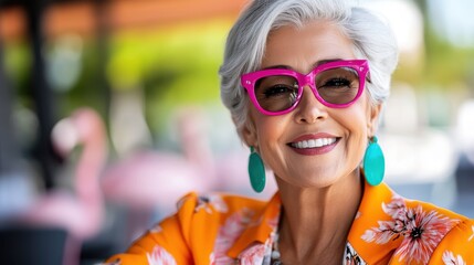 An elderly woman with gray hair, wearing bright pink glasses and a floral orange outfit, smiles confidently, exuding grace and timeless style.