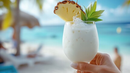 A hand featuring a frosty Pina Colada garnished with pineapple is showcased against the vivid backdrop of a pristine tropical beach, evoking summer escapades.