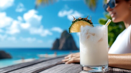 A woman leans back, basking by the ocean, with a coconut drink, enjoying the sea breeze and sunny vista, embodying leisure and tropical bliss.
