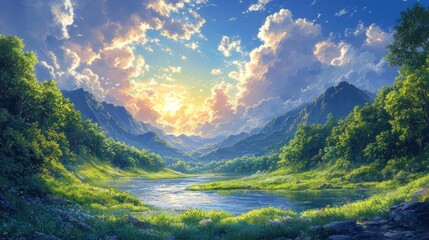 Serene River Winding Through a Lush Mountain Valley Under a Cloudy Sky