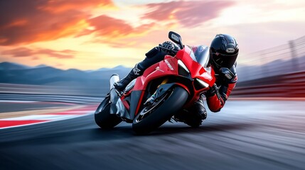 Motorcycle Racer Leaning into a Turn on Track at Sunset