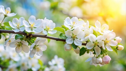 Panoramic view of blossoming apple tree branch with white flowers