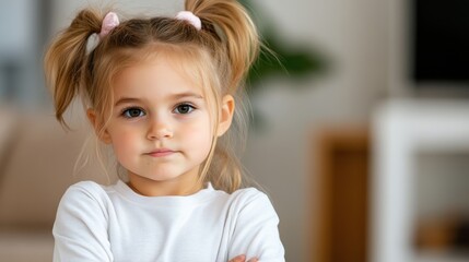A serious young girl with pigtails stands with arms crossed, wearing a white top, conveying a sense of determination and introspection in a living room space.